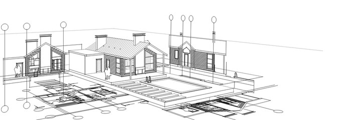 house, architectural project, sketch, 3d illustration