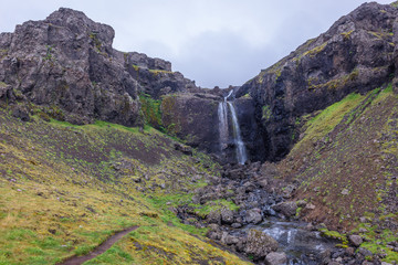 Unnamed waterfall next to national road number 1 called Ring Road in Iceland