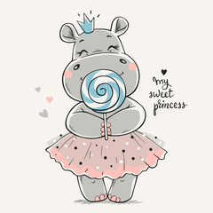 Hand drawn vector illustration of a cute hippo princess in a pink dress and with a big lollipop in her hands.