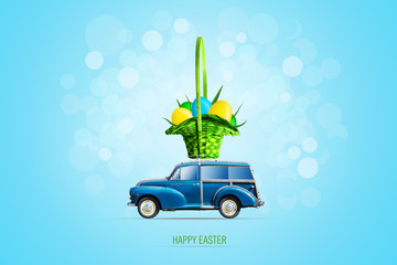 Easter background, with a blue car with Easter multicolored eggs in a basket on the trunk. Blue background. Copy space.