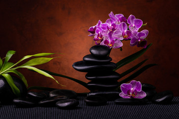 Spa, concept. composition with bamboo, orchid flowers and black stones