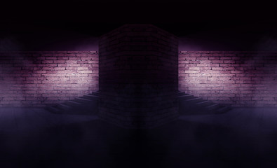 Background of a dark room with brick walls, steps and concrete floor. Neon light, spotlight, smoke, fog, smog