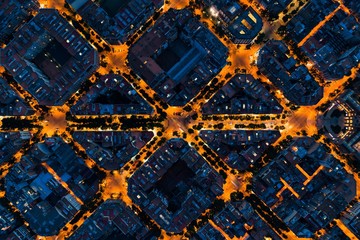 Barcelona street night aerial View