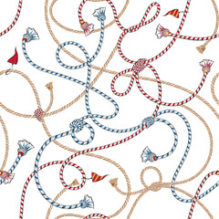 Trendy Vector Summer Nautical mood Seamless vector seamless pattern with sea ropes and flag