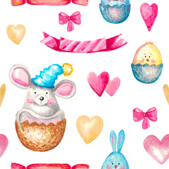 Seamless watercolor pattern cute animals mouse rabbit chicken, festive bow elements, ribbon, heart Hand painted Easter birthday