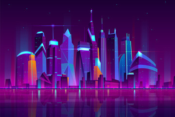 Modern city cartoon vector night landscape. Urban cityscape background with skyscrapers buildings on sea shore illuminated with neon light illustration. Metropolis central business district