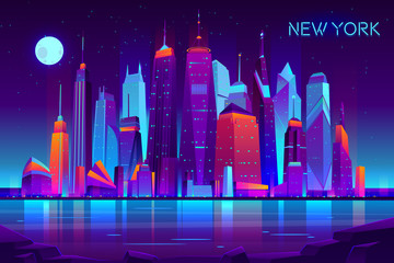 Modern new york city cartoon vector night landscape. Urban cityscape background with skyscrapers buildings on sea shore illuminated with neon light illustration. Metropolis central business district