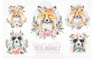 Watercolor cartoon isolated cute baby fox and raccoon animal with flowers. Forest nursery woodland illustration. Bohemian boho drawing for nursery poster, pattern