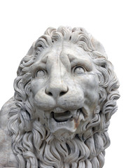 big marble lion head of old marble lion statuary isolated on white background
