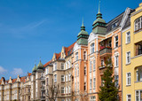Partly renovated tenements at Slowackiego Street in Szczecin (Stettin) city on a beautiful spring day, Poland.