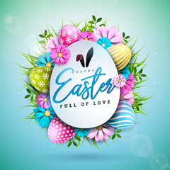 Happy Easter Holiday Design with Painted Egg and Spring Flower on Blue Background. International Vector Celebration Illustration with Typography for Greeting Card, Party Invitation or Promo Banner.