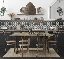 Ethnic kitchen interior, 3d render