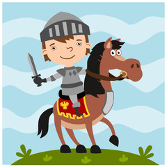Funny boy knight in cartoon style sitting astride a horse with a sword in his hand