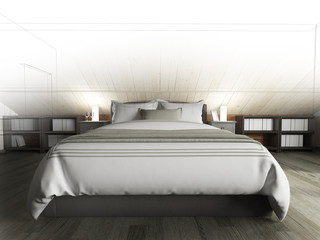 Bedroom on a dark floor against a wooden wall. 3d rendering