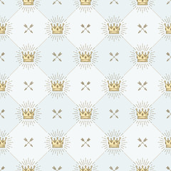 Seamless background with royal crown and crossed arrows - pattern for wallpaper, wrapping paper, book flyleaf, envelope inside, etc. Vector illustration.