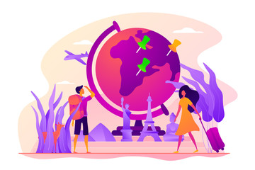 Traveling the world, worldwide adventure, around the world trip concept. Colorful vector isolated concept illustration with tiny people and floral organic elements. Hero image for website.