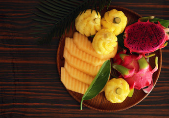 tropical fruits, pineapple, banana, dragon fruit