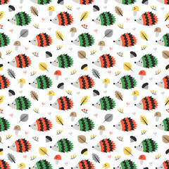 Autumn seamless pattern with hedgehog, leaves, mushrooms, berry and plants. Vector illustration for kid design.