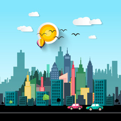 Vector City Life Flat Design Illustration with Cars on Street and Skyscrapers Skyline on Background