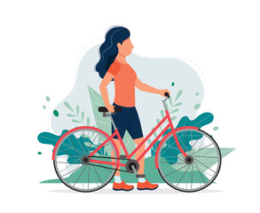 Happy woman with a bike in the park. Vector illustration in flat style, concept illustration for healthy lifestyle, sport, exercising.