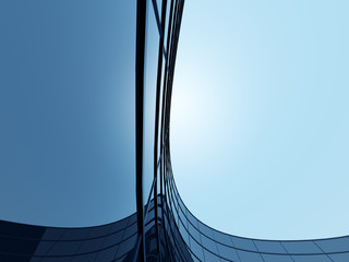 3D stimulate of high rise curve glass building and dark steel window system on blue clear sky background,Business concept of future architecture,lookup to the angle of the corner building.