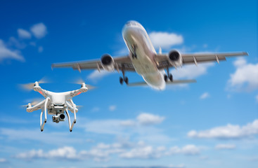 Drone flying near commercial airplane. Drone being hit by commercial airplane. Concept of aircraft accident.