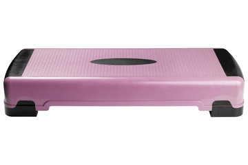 pink plastic aerobic step for training, fitness board, height-adjustable, sports equipment, on a white background