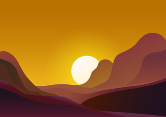 Sunset in desert - vector illustration natural background. Evening landscape with sun sets behind the mountains and yellow sky.