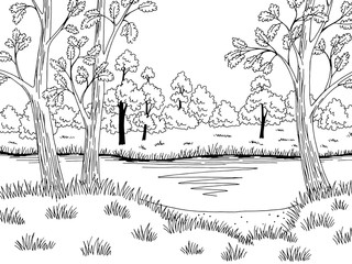 Forest lake graphic black white landscape sketch illustration vector