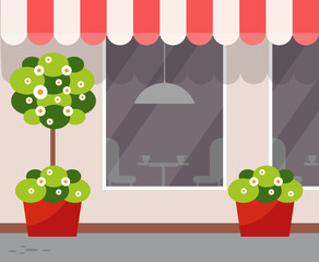 Exterior of eatery, coffeehouse design vector. Outdoor view on restaurant with plants growing in pots, blooming trees with trunk and bushes, coffee store