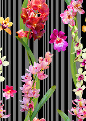 Seamless photorealistic pattern of multicolored orchids on a striped background. Floral print fabric, the basis for various designs.
