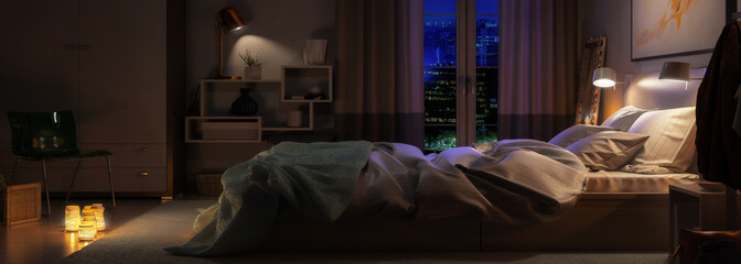 Modern Bedroom Arrangement by Night (panoramic) - 3d visualization