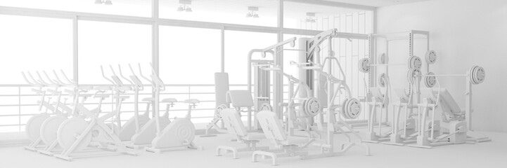 Fitnesscenter mit Geräten in weiß