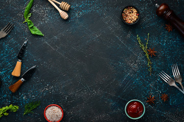The background of cooking. Top view. Banner Free space for your text. Rustic style.