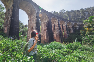 Woman looks at the Demodara nine arches bridge the most visited sight of Ella town in Sri Lanka