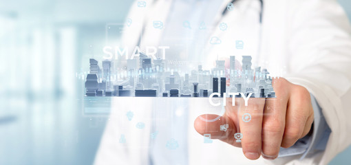 Doctor holding Smart city user interface with icon, stats and data 3d rendering
