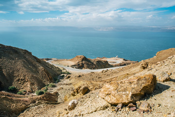 Beautiful view of the Dead Sea from the mountain valley of Jordan.