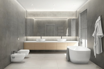 3d rendering of a modern grey concrete bathroom