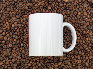 White Cup on coffee beans background