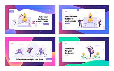 Start Up Concept Landing Page Set with Business People Characters Launches Rocket from Laptop. Space Ship Metaphor Startup, Business Challenge Banner, Website, Web Page. Vector Flat illustration
