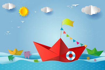 origami boat sailing in the ocean, travel concept Template for advertising brochure, your text, paper art and digital craft style, leadership concept, flat Vector illustration.