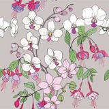 Seamless Orchid and fuchsia pattern. Vector graphics.