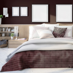 Elegant bedroom interior with template frames (focused) - 3d illustration