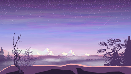 Evening landscape, pine forest in fog and snowy mountains, starry sky with falling stars. Vector illustration