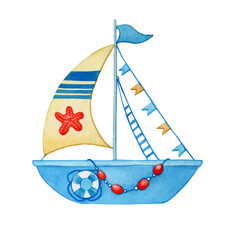 Stylized children blue boat with yellow sail, orange starfish, lifebuoy. Watercolor hand drawn painting illustration, isolated on a white background.