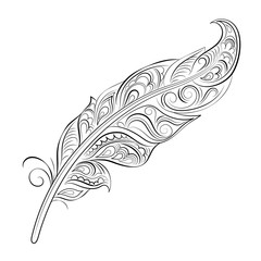 Vector illustration. Sketch of stylized feather, isolated on white . EPS 8
