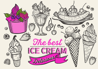 Ice cream illustration for restaurant on vintage background. 