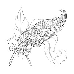 Vector illustration. Sketch of stylized feathers isolated on white background . EPS 8