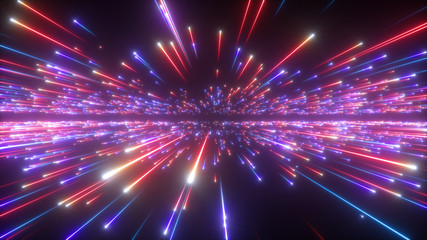3d render, red blue fireworks, abstract cosmic background, big bang, galaxy, falling stars, celestial, beauty of universe, speed of light, neon glow, cosmos, ultraviolet infrared light, outer space