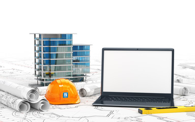 Planning of the house, drawing projects, a helmet and an open laptop with a blank screen. 3d illustration